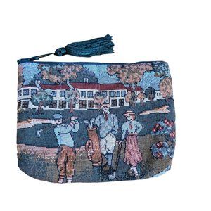 Vtg Tapestry Holdings Golf Golfing Golfer Scene Zipper Pouch Bag Purse Hand Bag
